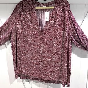 Gap New V neck long sleeve blouse - maroon background with white dot pattern -